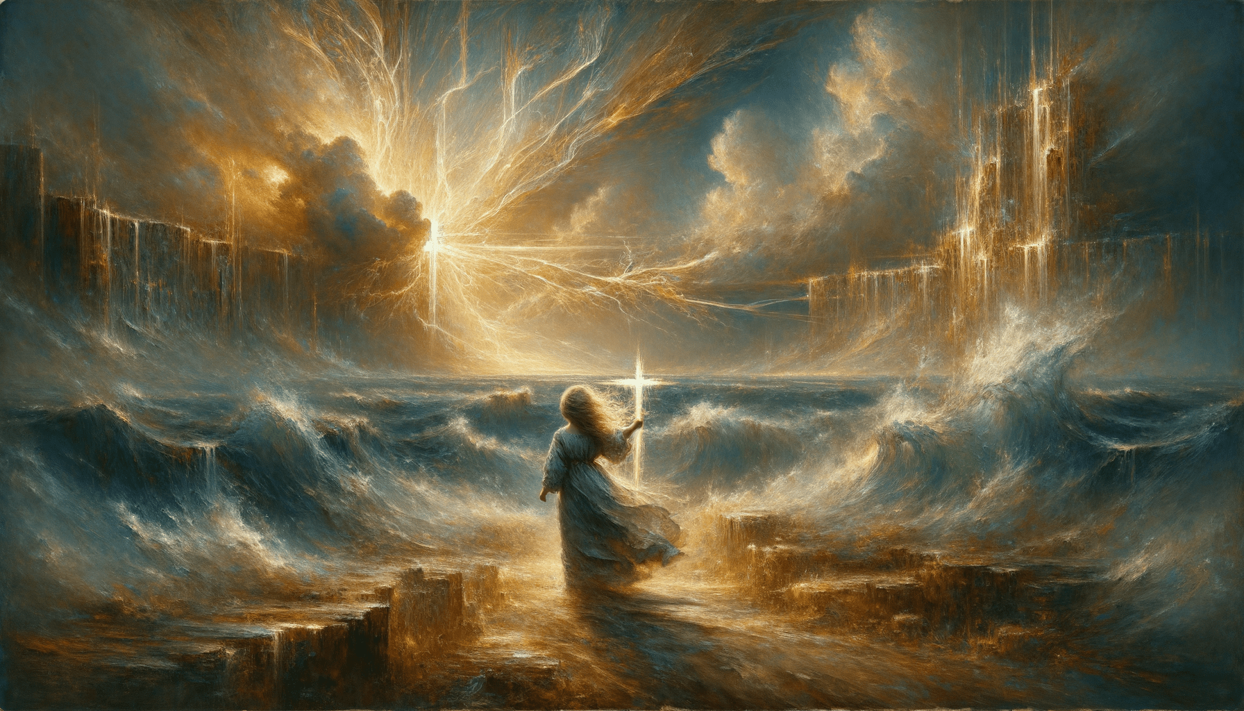 Ethereal Faith: A Child's Radiance in Gold and Blue - Teo Teglia Art