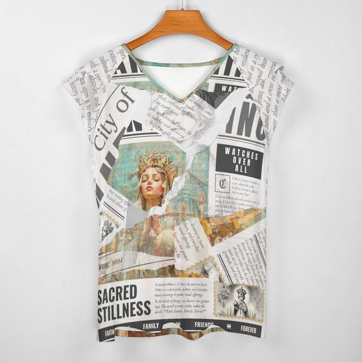 Santo Niño - Ruffle Sleeve V - Neck Tee by Teo Teglia Art