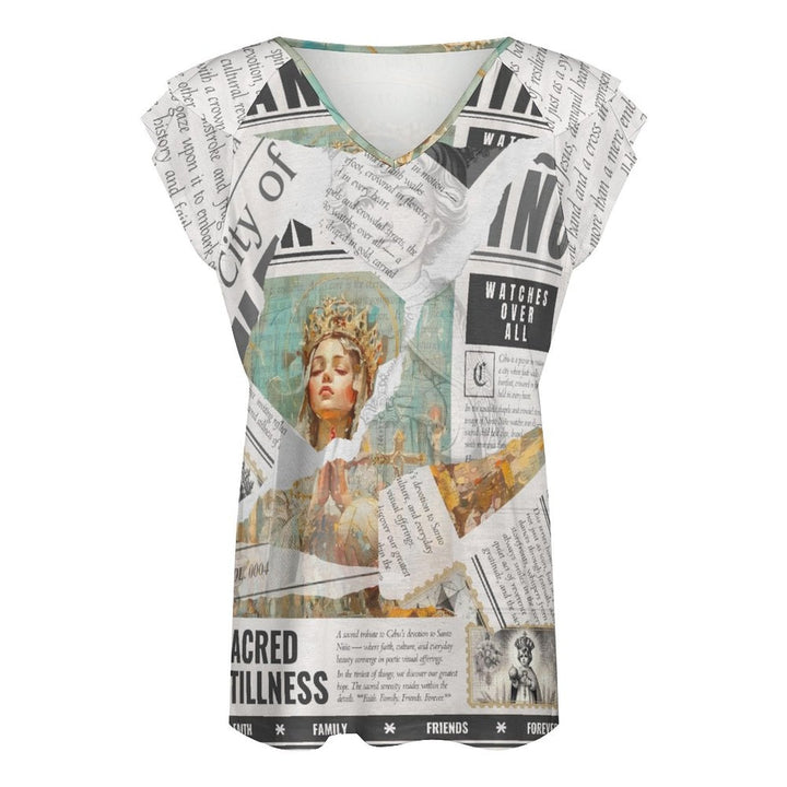 Santo Niño - Ruffle Sleeve V - Neck Tee by Teo Teglia Art