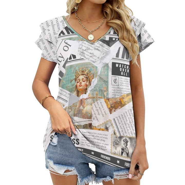 Santo Niño - Ruffle Sleeve V - Neck Tee by Teo Teglia Art