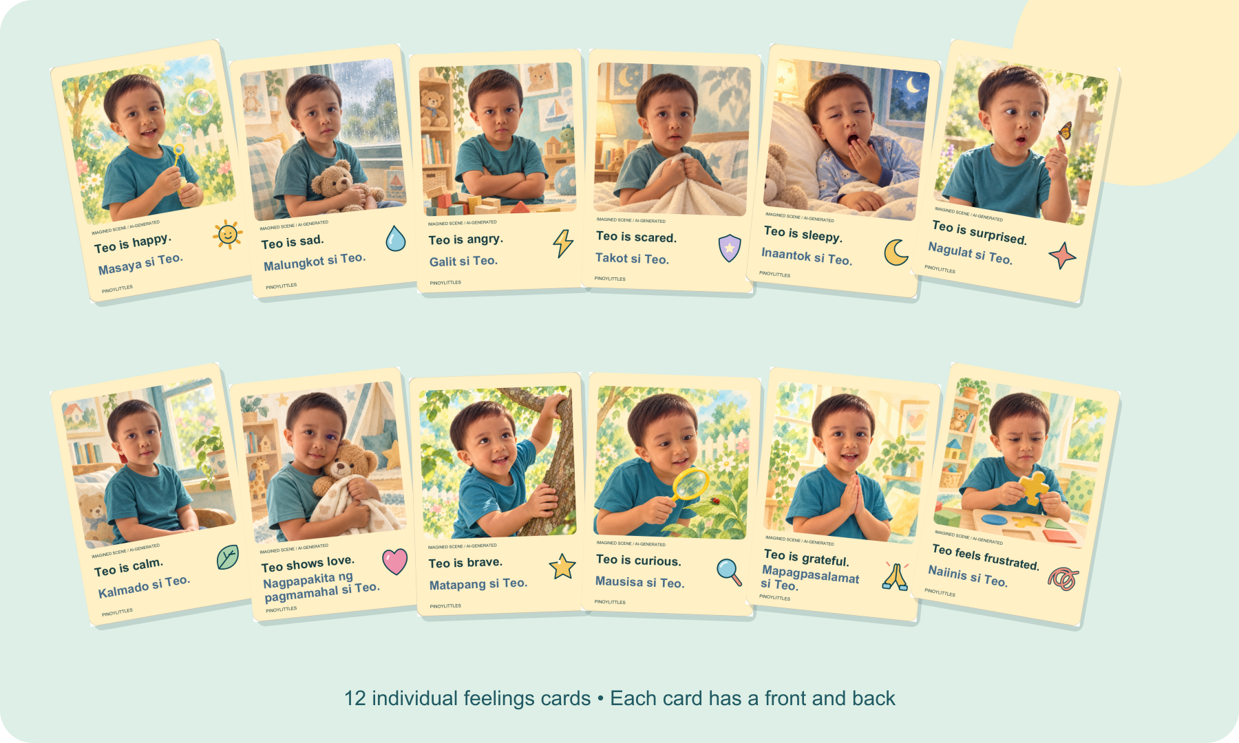 Twelve individual personalized feelings cards from Teo’s PinoyLittles set