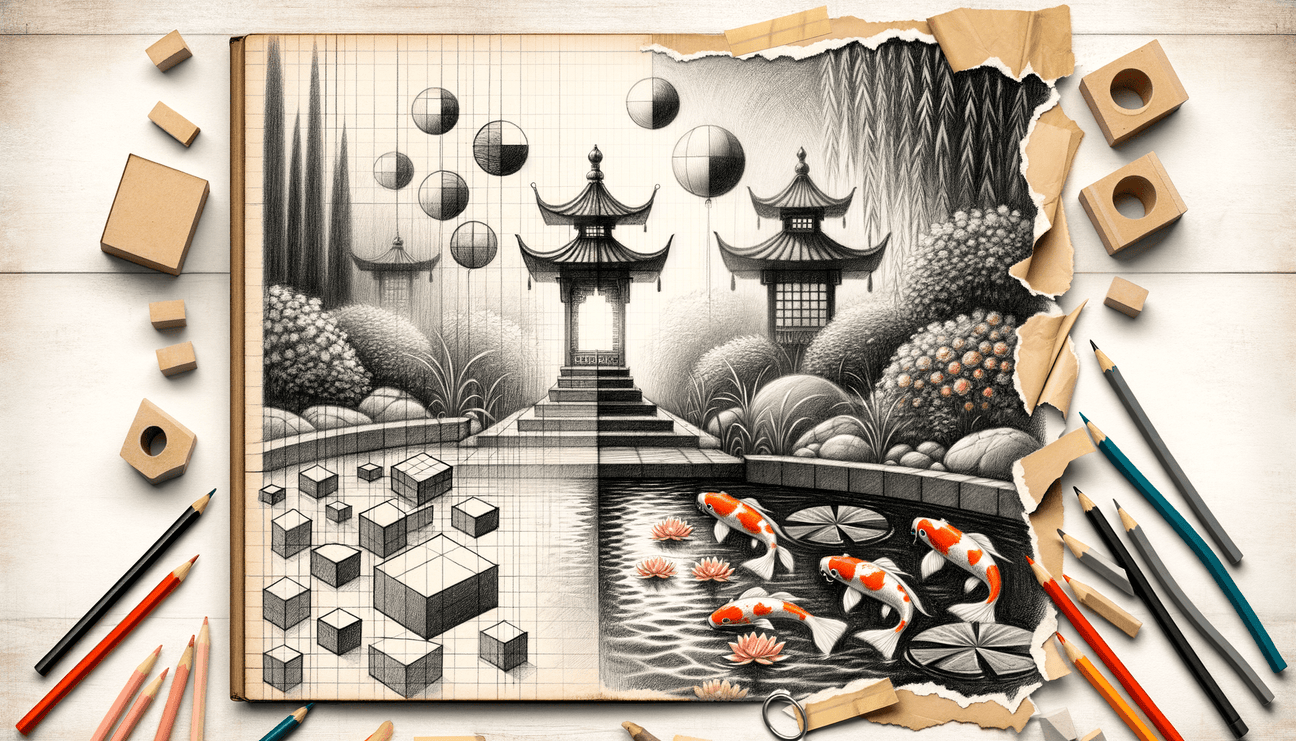 Serenity Sketches: Koi Pond Lanterns in Balance - Teo Teglia Art
