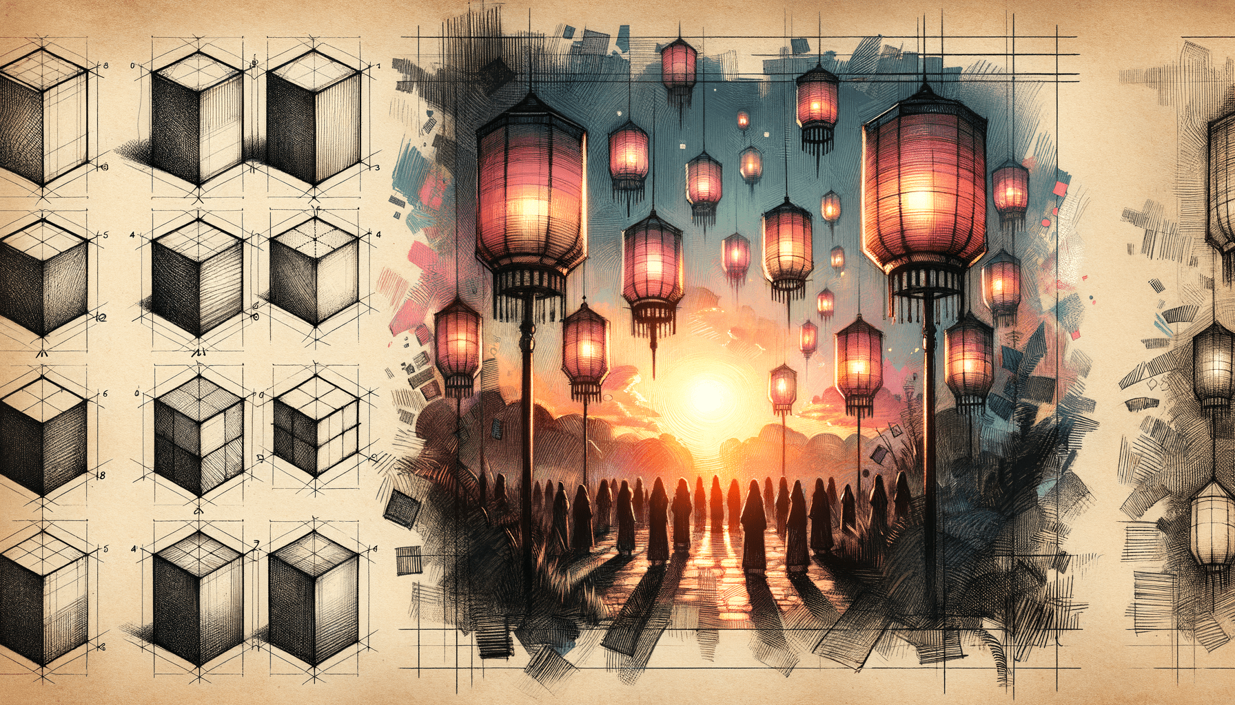 Sunset Lanterns: Radiant Blessings Sketched in Gratitude - Teo Teglia Art