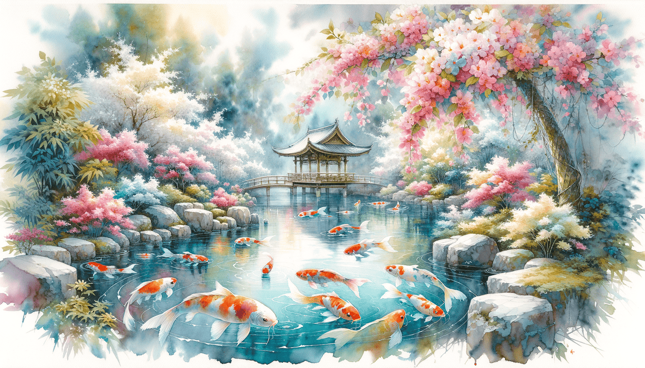 Tranquil Koi Pond: A Watercolor Symphony of Serenity - Teo Teglia Art