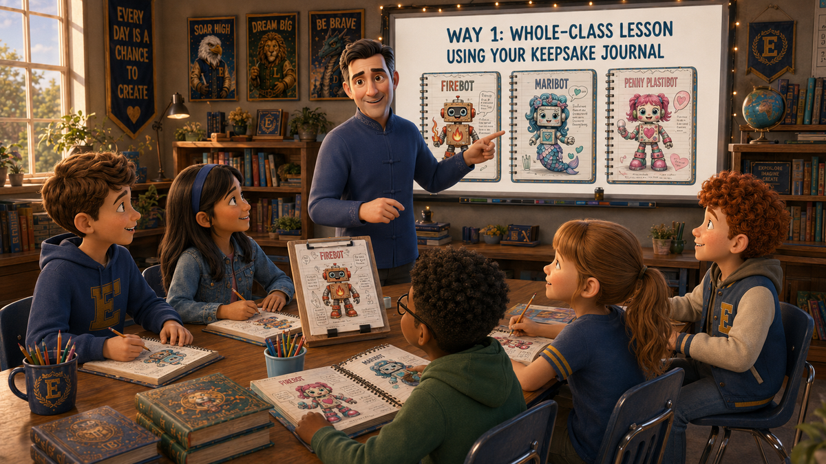 Teacher guiding students through a flexible Creative Learning Worlds classroom activity