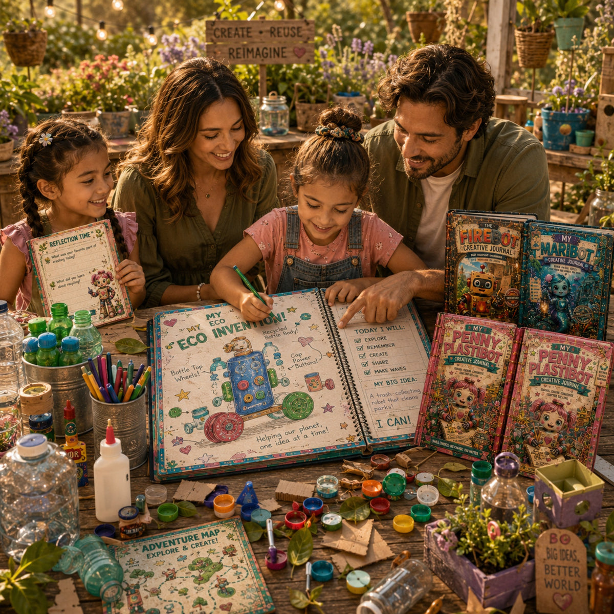 Children's artwork, journal pages, inventions, and Creative Learning Worlds creations