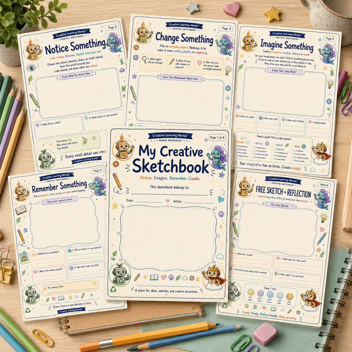 Creative Learning Worlds sketchbook prompts and printable drawing pages