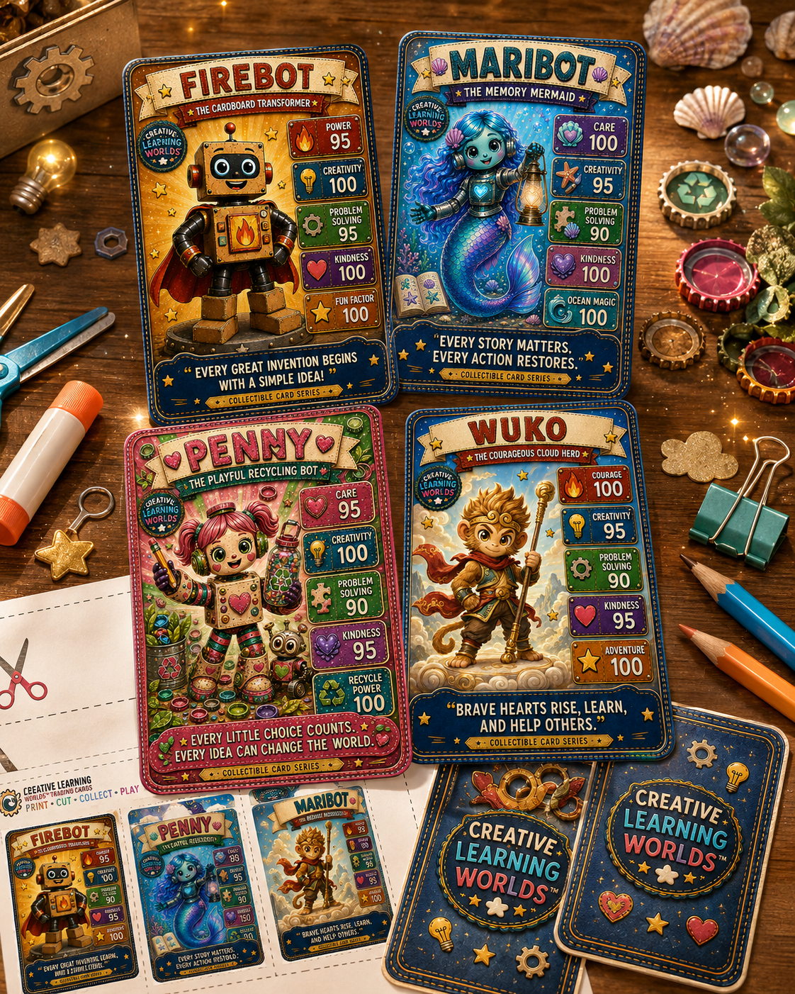 Creative Learning Worlds printable trading cards and creator card templates