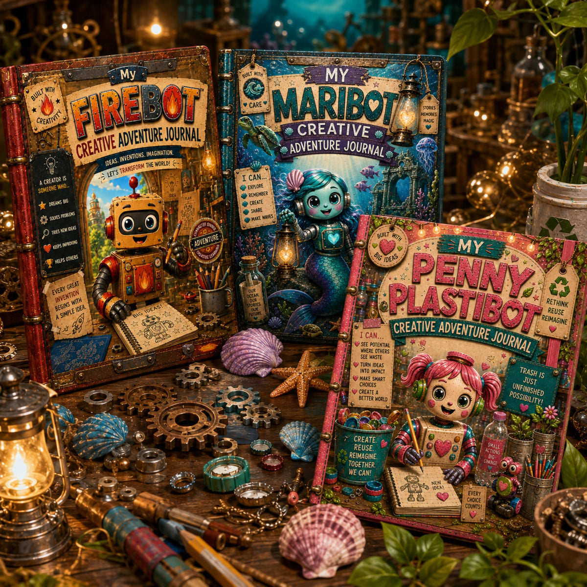Firebot Maribot and Penny Plastibot from Creative Learning Worlds