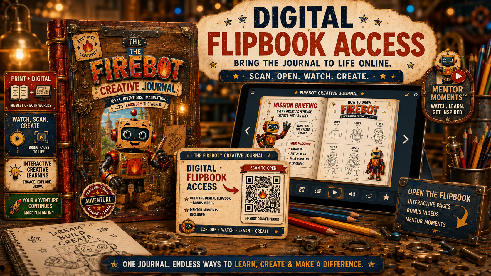 Firebot digital flipbook and creative companion resources displayed on a tablet