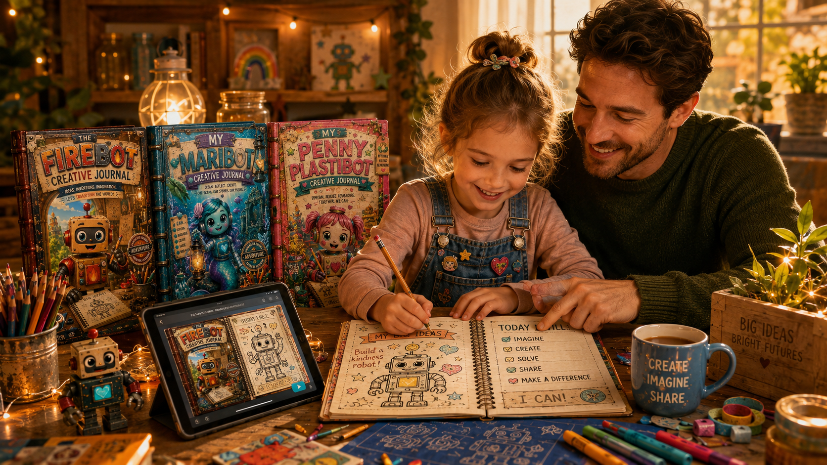 A young creator using the Firebot Keepsake Journal to draw and develop ideas