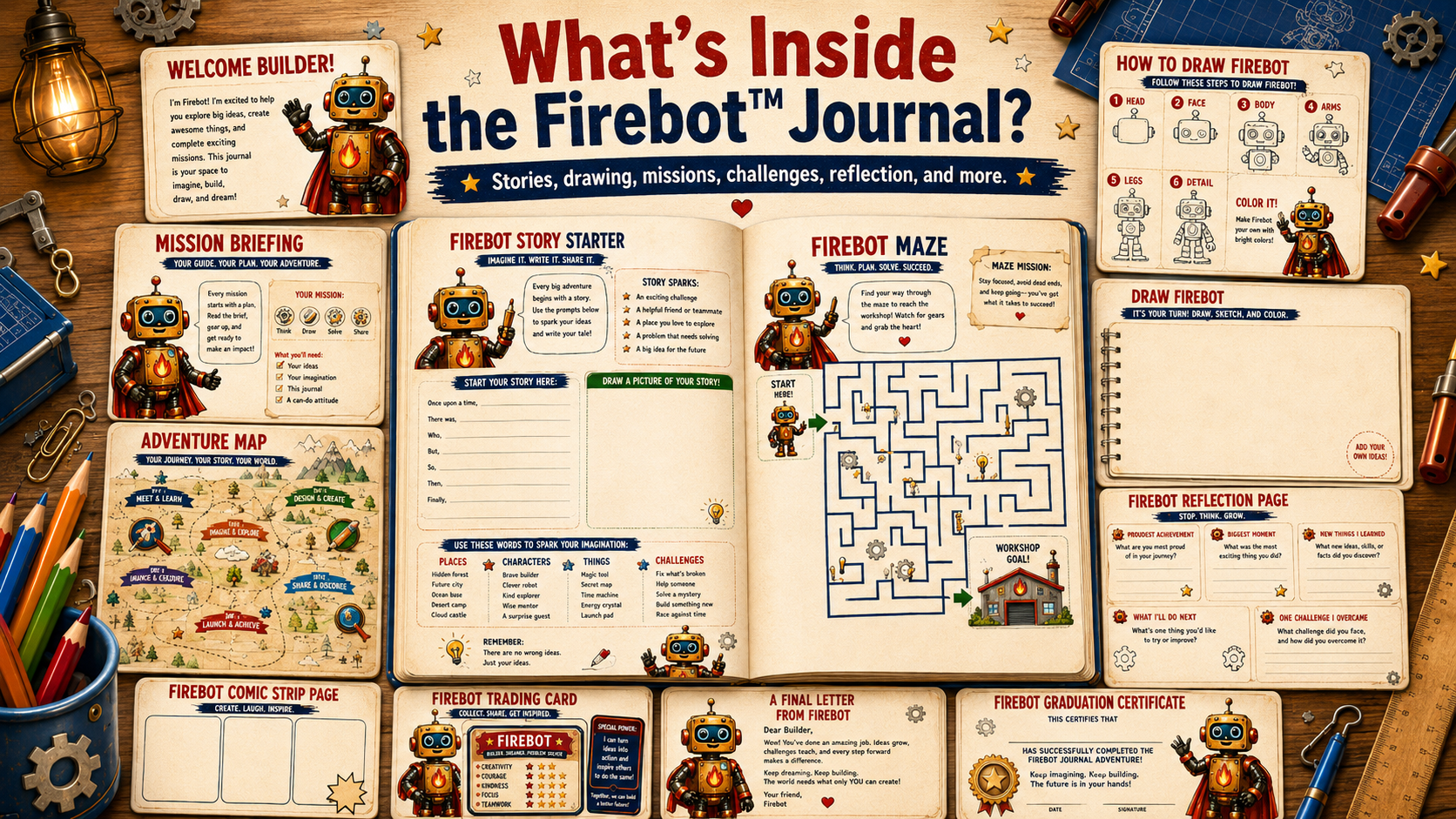 Interior pages and activities included in the Firebot Keepsake Journal