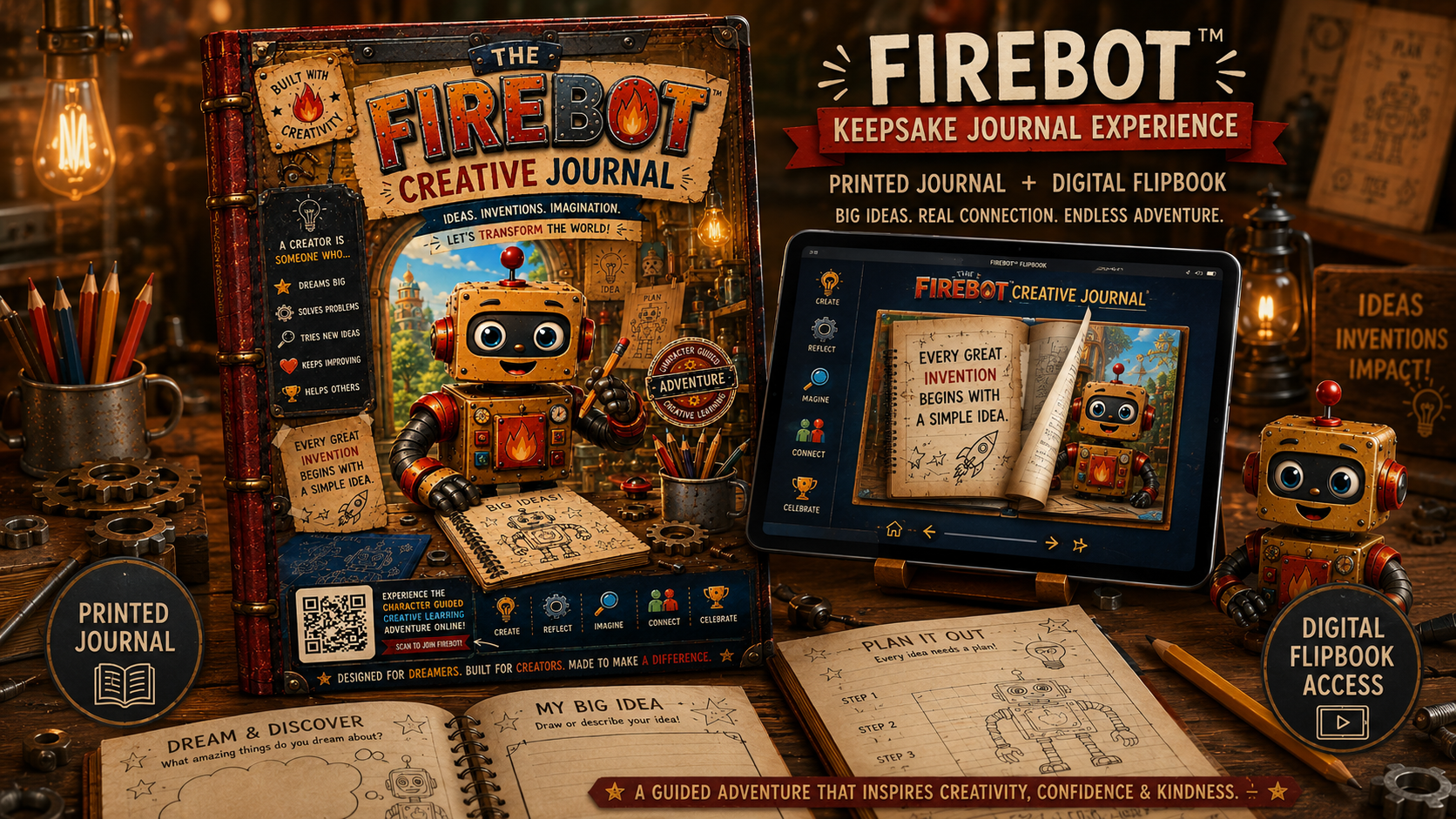 Firebot with the Creative Adventure Keepsake Journal in his workshop