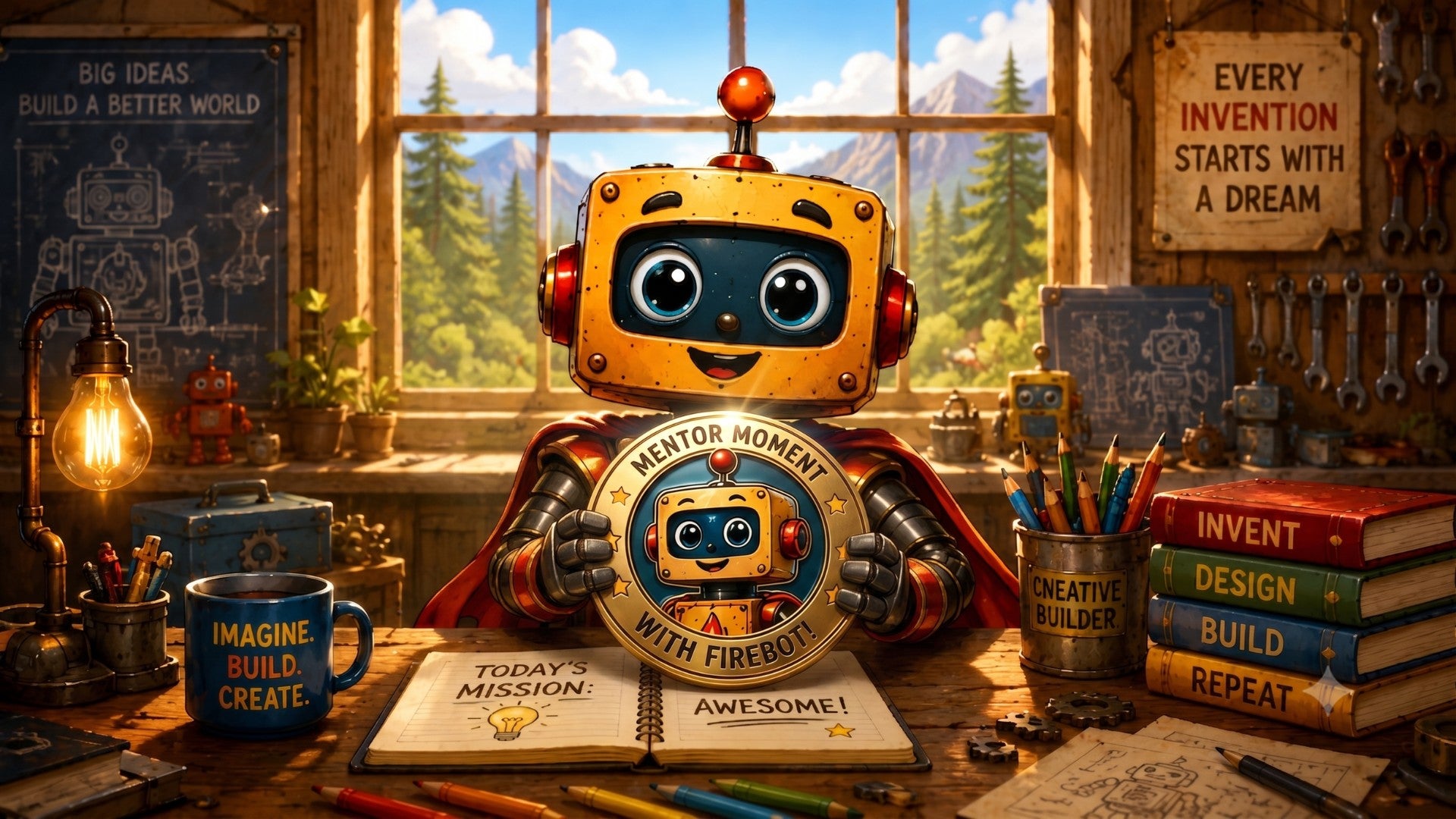 Firebot, the creative mentor from Creative Learning Worlds