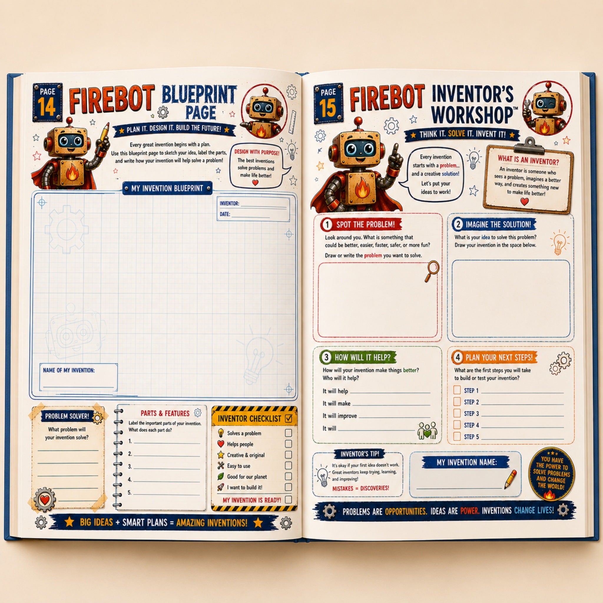 Open Firebot Keepsake Journal showing creative activity pages
