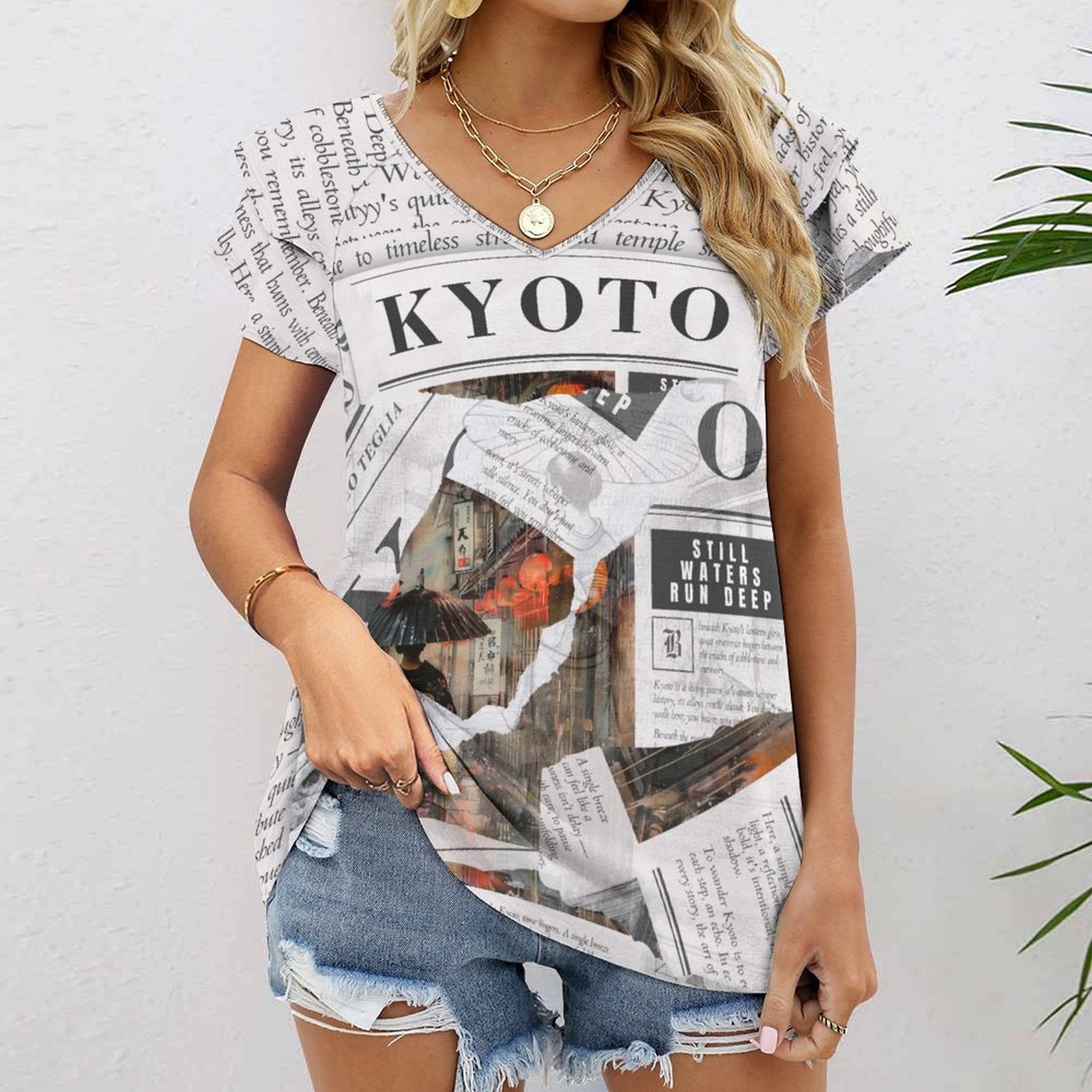 Kyoto - Ruffle Sleeve V - Neck Tee by Teo Teglia Art