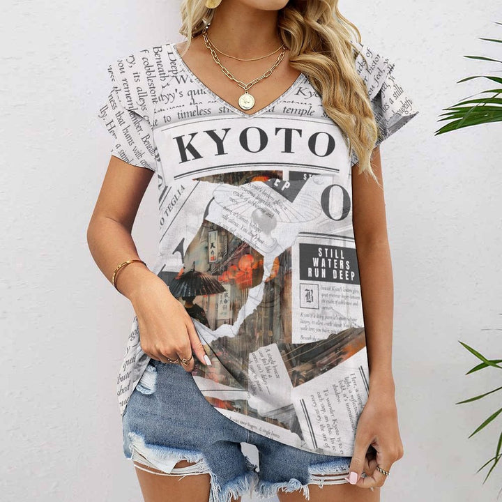 Kyoto - Ruffle Sleeve V - Neck Tee by Teo Teglia Art