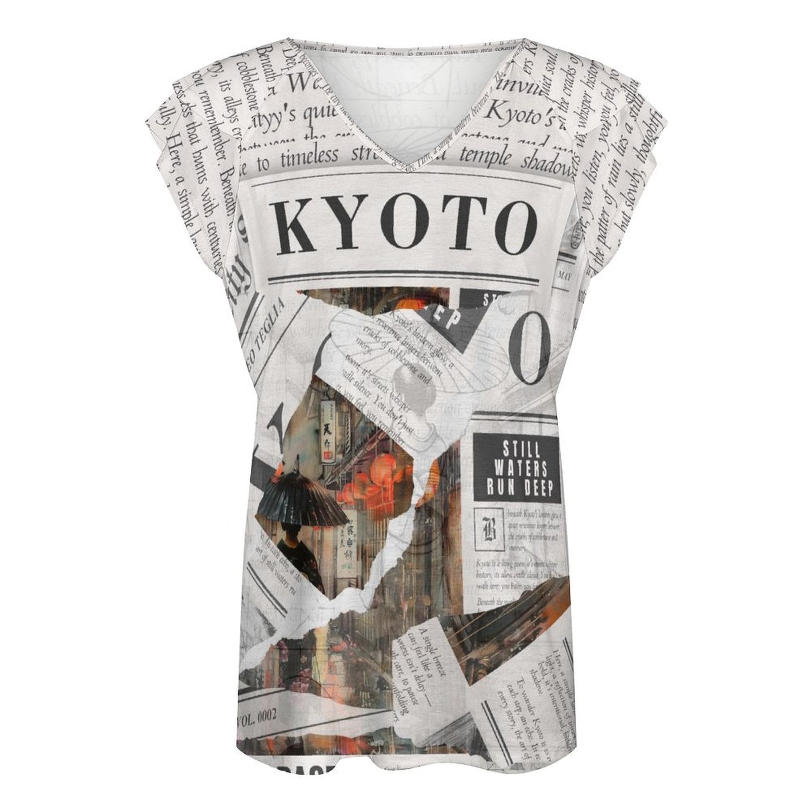 Kyoto - Ruffle Sleeve V - Neck Tee by Teo Teglia Art
