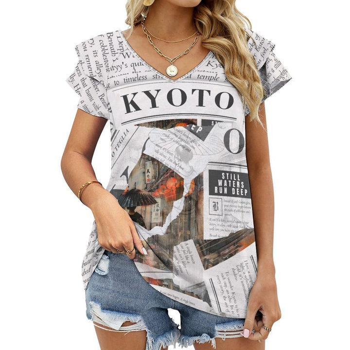 Kyoto - Ruffle Sleeve V - Neck Tee by Teo Teglia Art