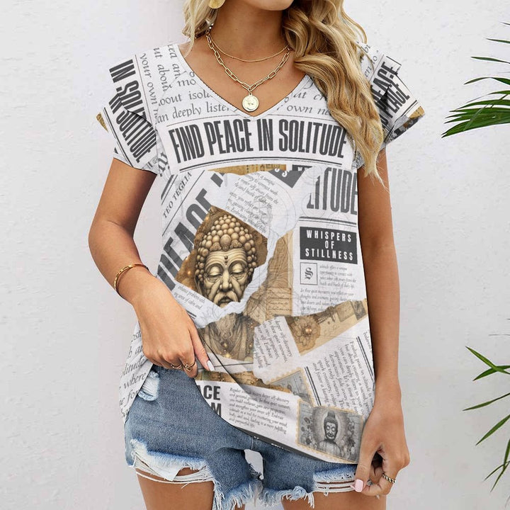 Whispers of Stillness - Ruffle Sleeve V - Neck Tee – Apparel – Shirts by Teo Teglia Art
