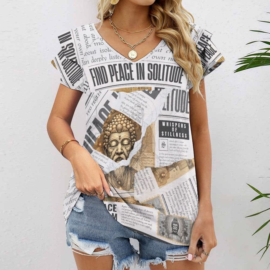 Whispers of Stillness - Ruffle Sleeve V - Neck Tee – Apparel – Shirts by Teo Teglia Art