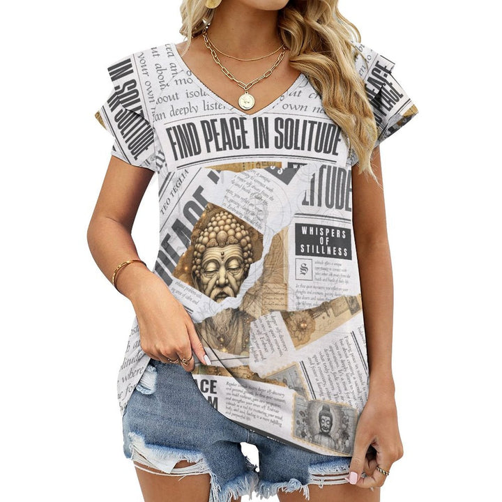 Whispers of Stillness - Ruffle Sleeve V - Neck Tee – Apparel – Shirts by Teo Teglia Art