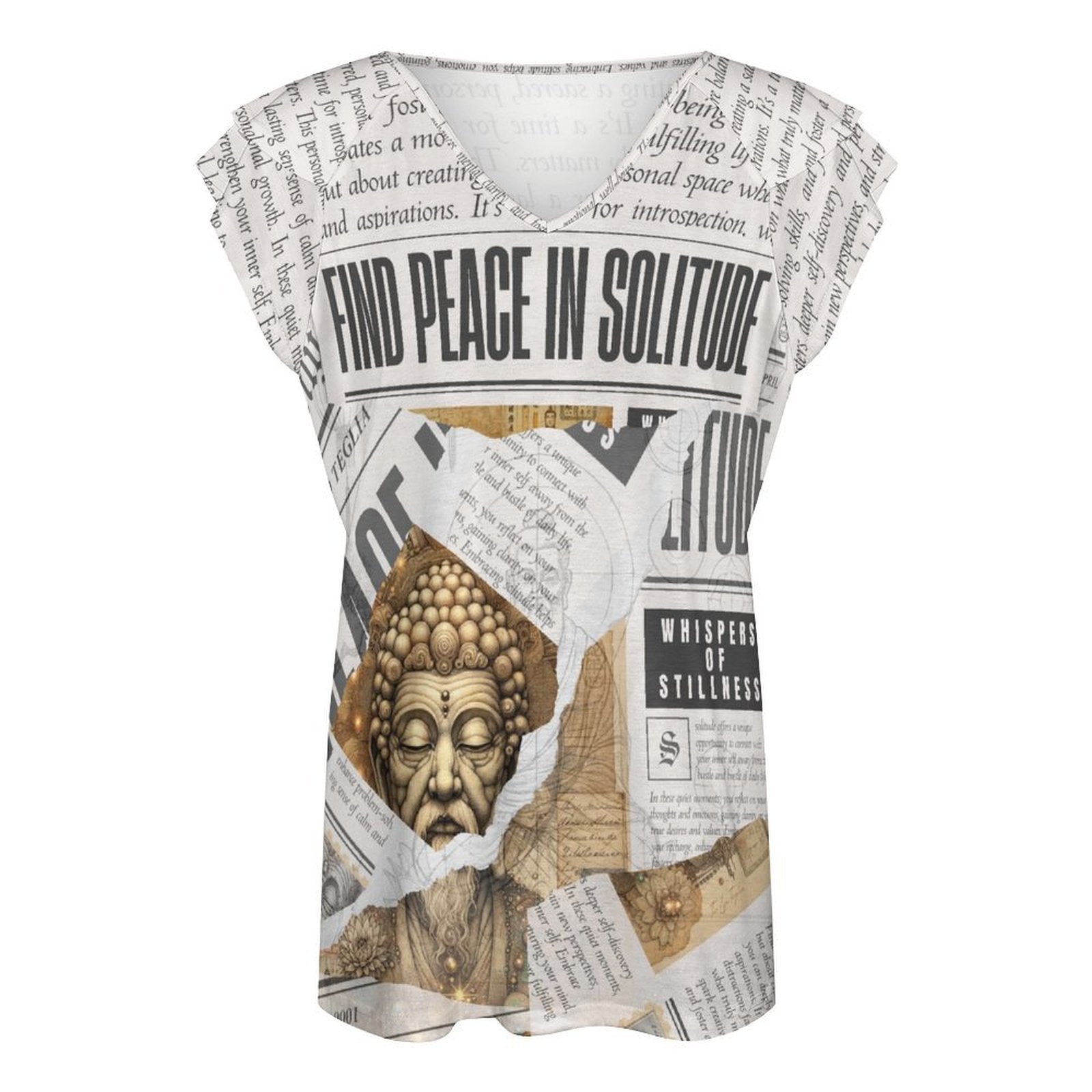 Whispers of Stillness - Ruffle Sleeve V - Neck Tee by Teo Teglia Art